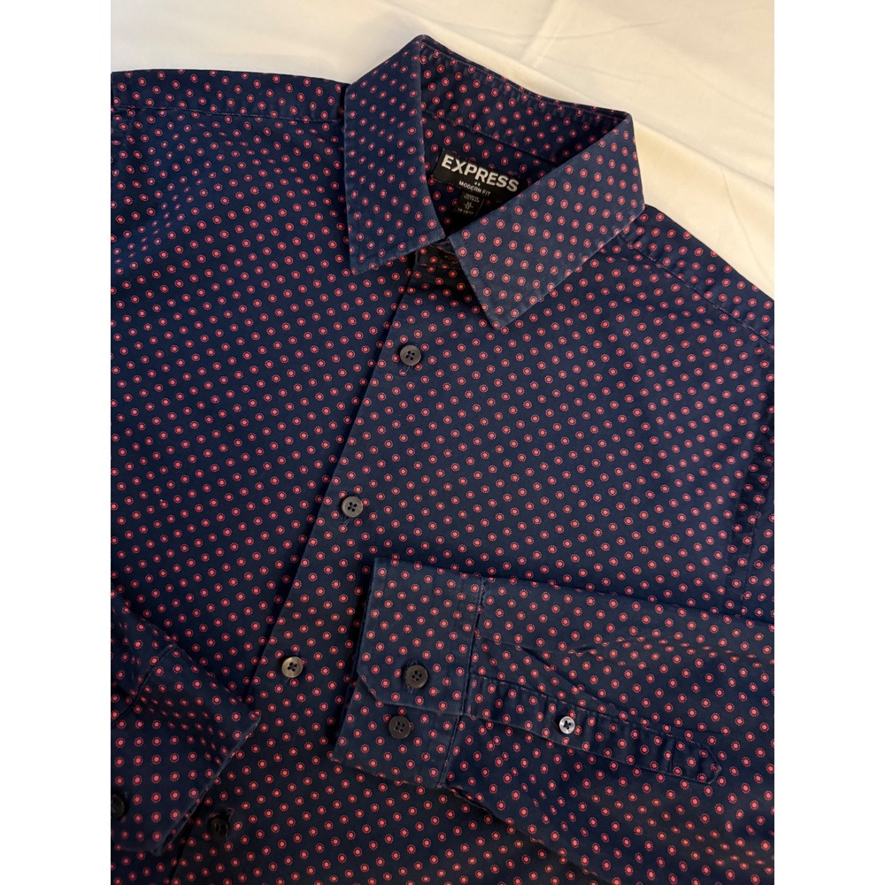 Express Modern Fit Mens Medium Navy Blue Red Geometric Print Cotton Button Down